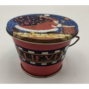 Vintage Mary Engelbreit Santa Claus Christmas Tin Bucket With Handle & "Believe"